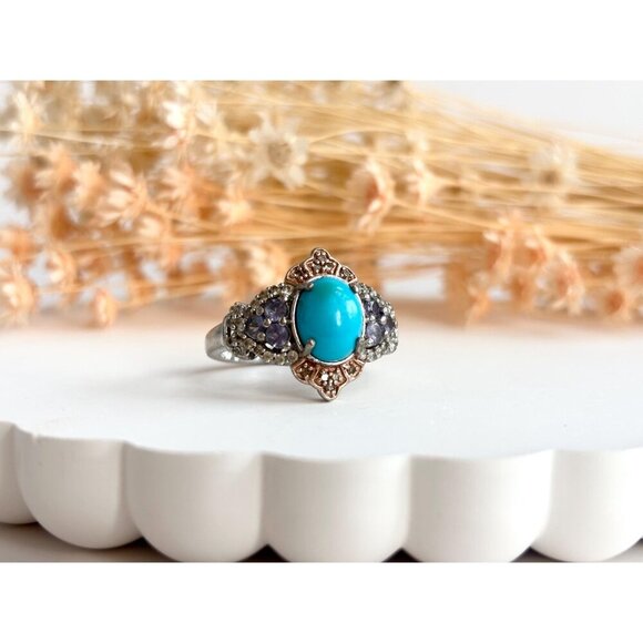 Tanzanite & Sleeping Beauty Turquoise Vintage Multi Sterling Silver Ring - sz 10 - Picture 7 of 10
